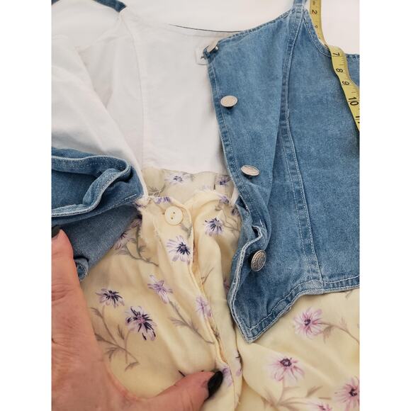 Vintage Skort Romper Girls XL Blue Denim Yellow Floral Spaghetti Strap One Piece - Picture 6 of 15